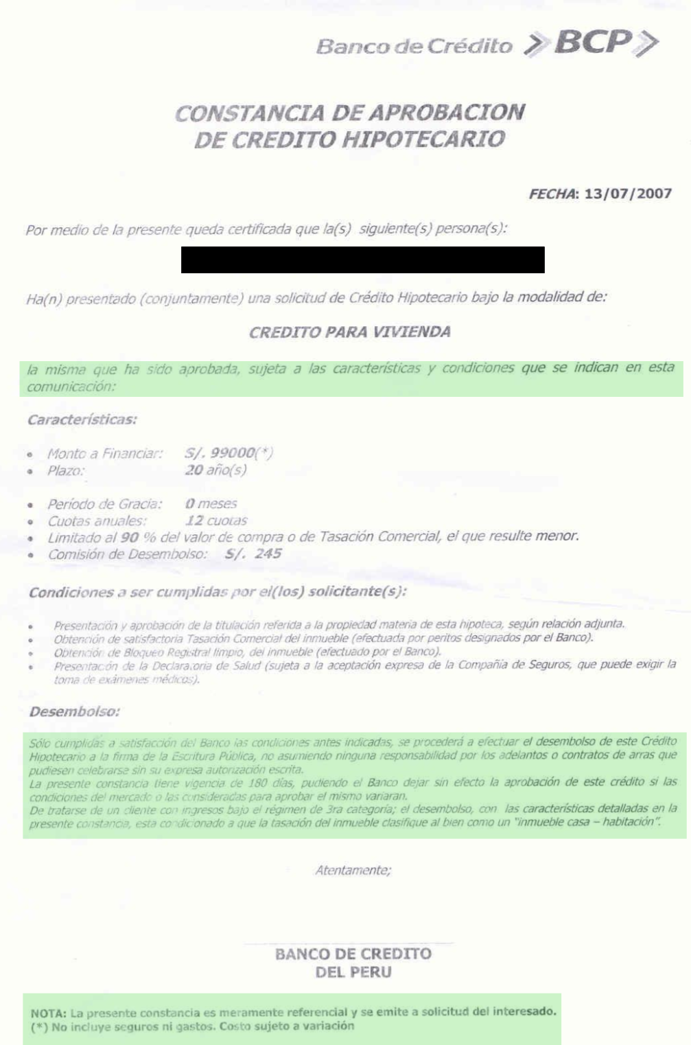 Carta de aprobacion Credito Hipotecario Mivivienda BCP
