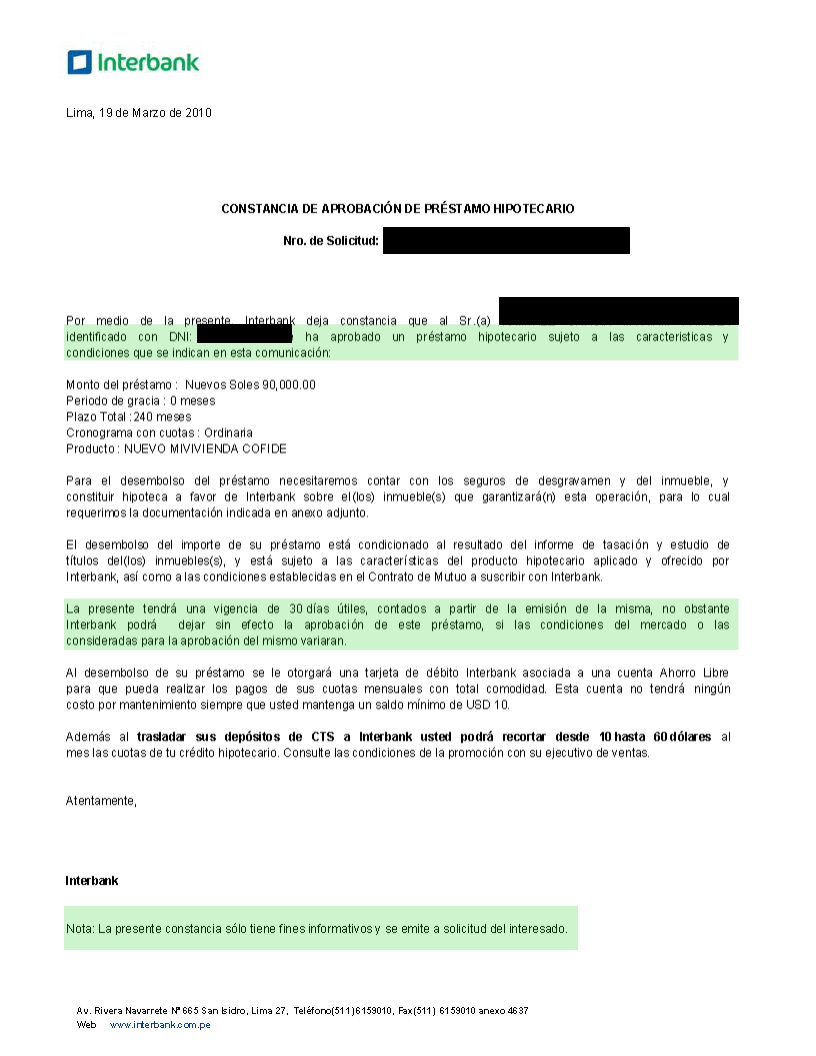Carta de aprobacion Credito Hipotecario Mivivienda Interbank