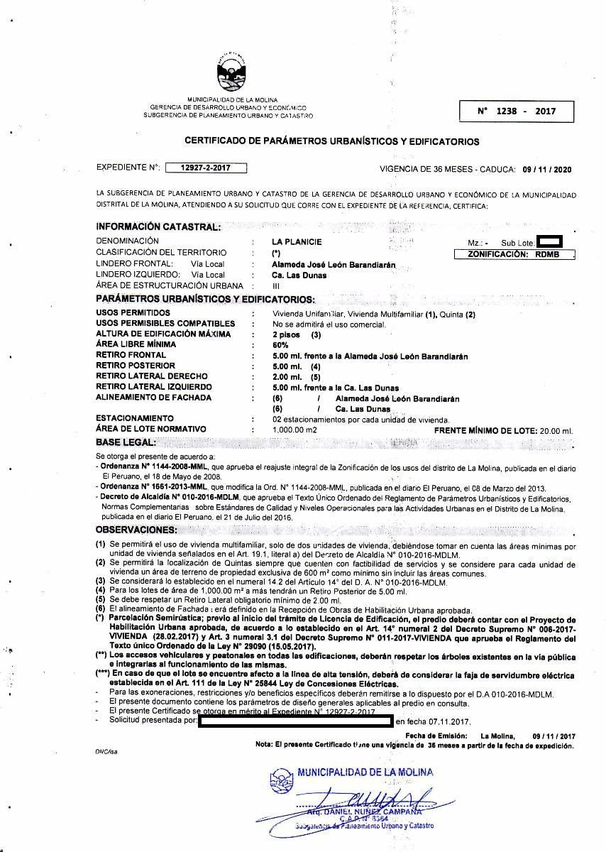 Ejemplo de Certificado de Parametros Urbanisticos y Edificatorios - La Molina
