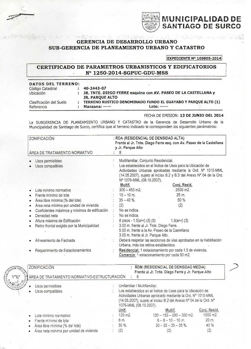 Ejemplo de Certificado de Parametros Urbanisticos y Edificatorios - Santiago de Surco